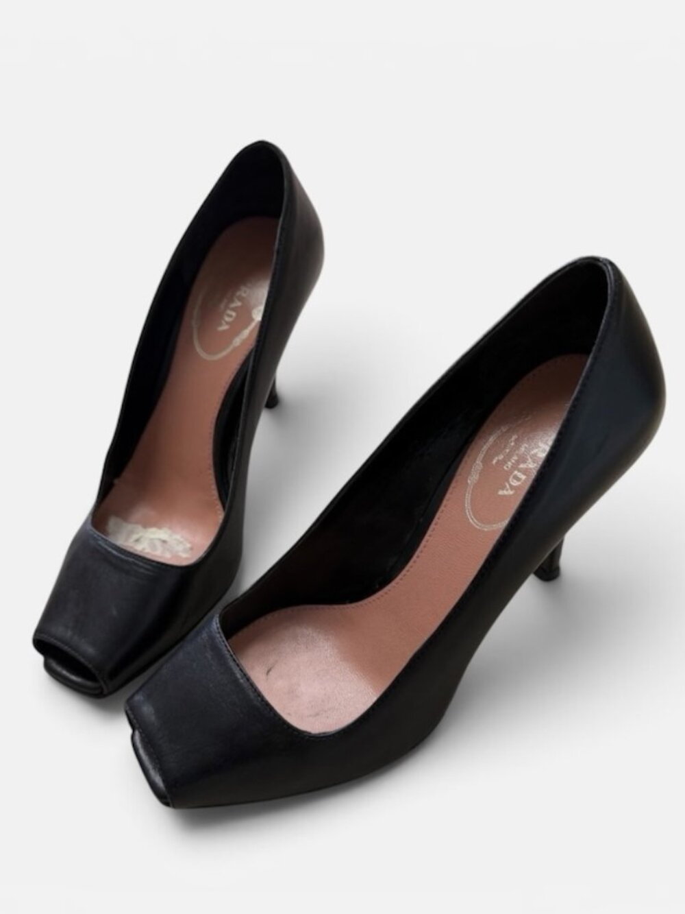 Prada Black Leather Peep Toe Stiletto Pumps Size 36